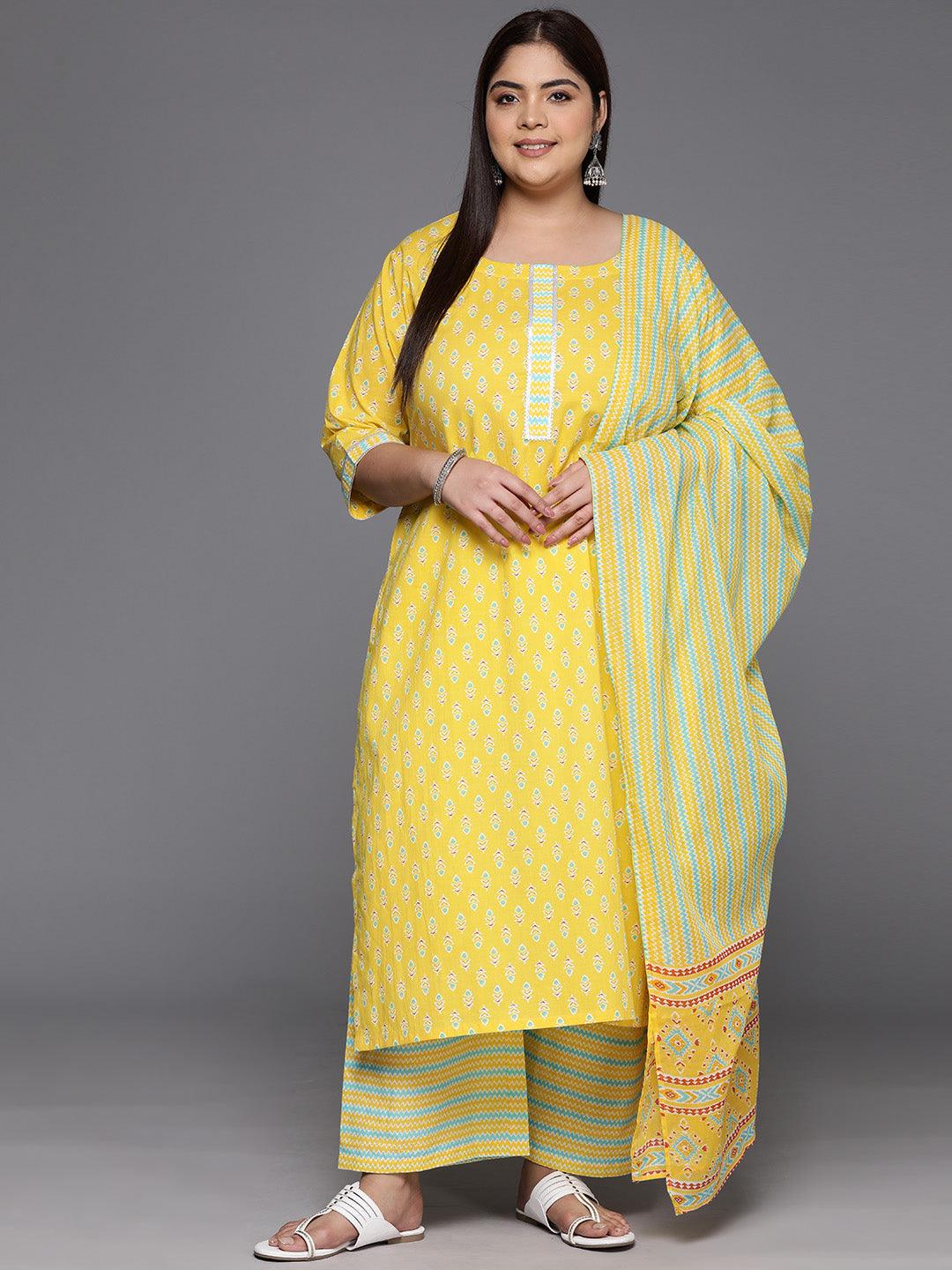 Plus Size Yellow Printed Cotton Straight Kurta With Trousers & Dupatta