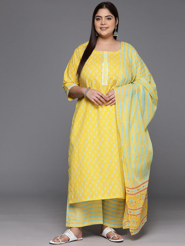 Plus Size Yellow Printed Cotton Straight Kurta With Trousers & Dupatta - ShopLibas