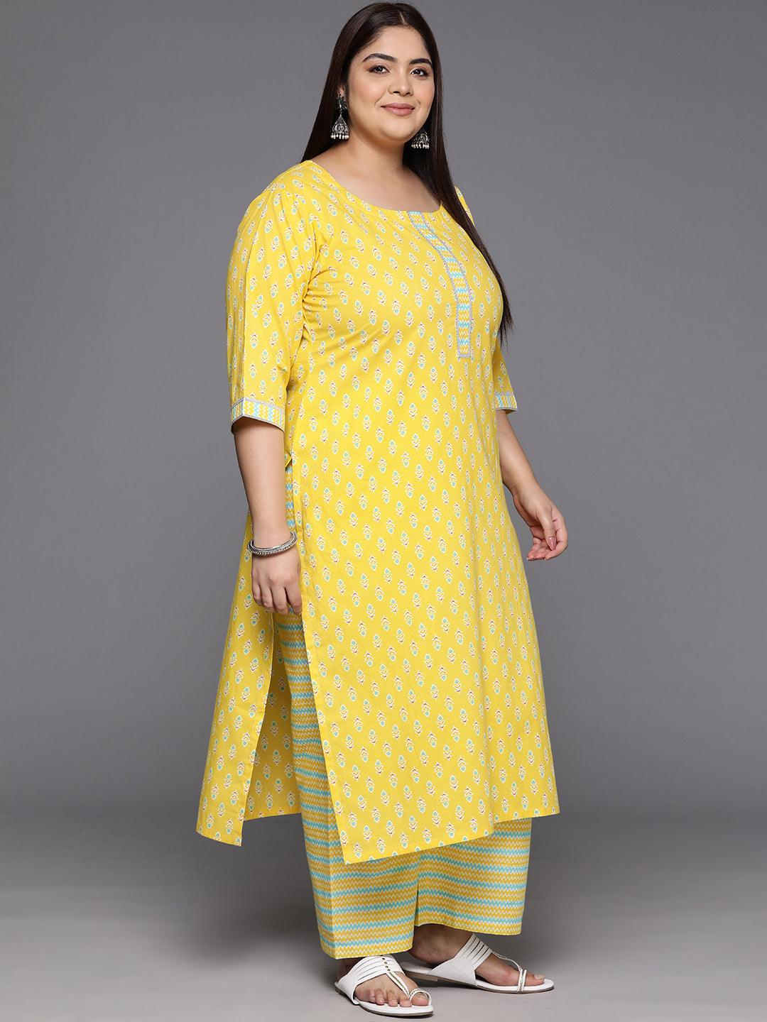 Plus Size Yellow Printed Cotton Straight Kurta With Trousers & Dupatta