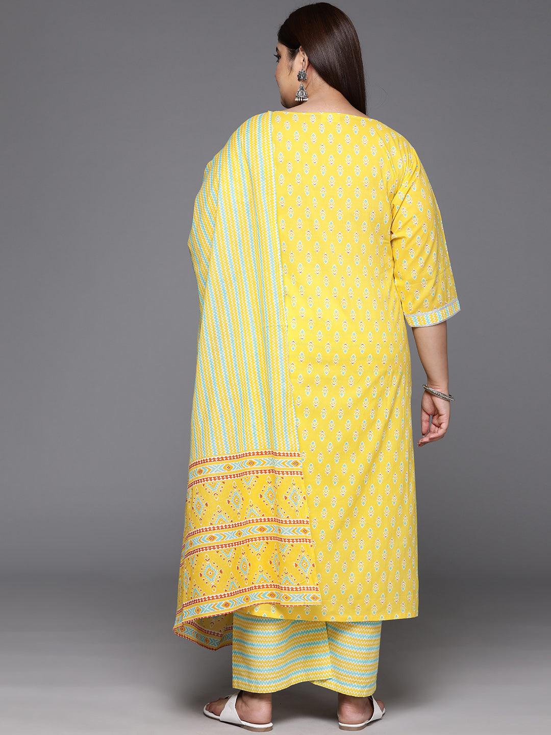 Plus Size Yellow Printed Cotton Straight Kurta With Trousers & Dupatta