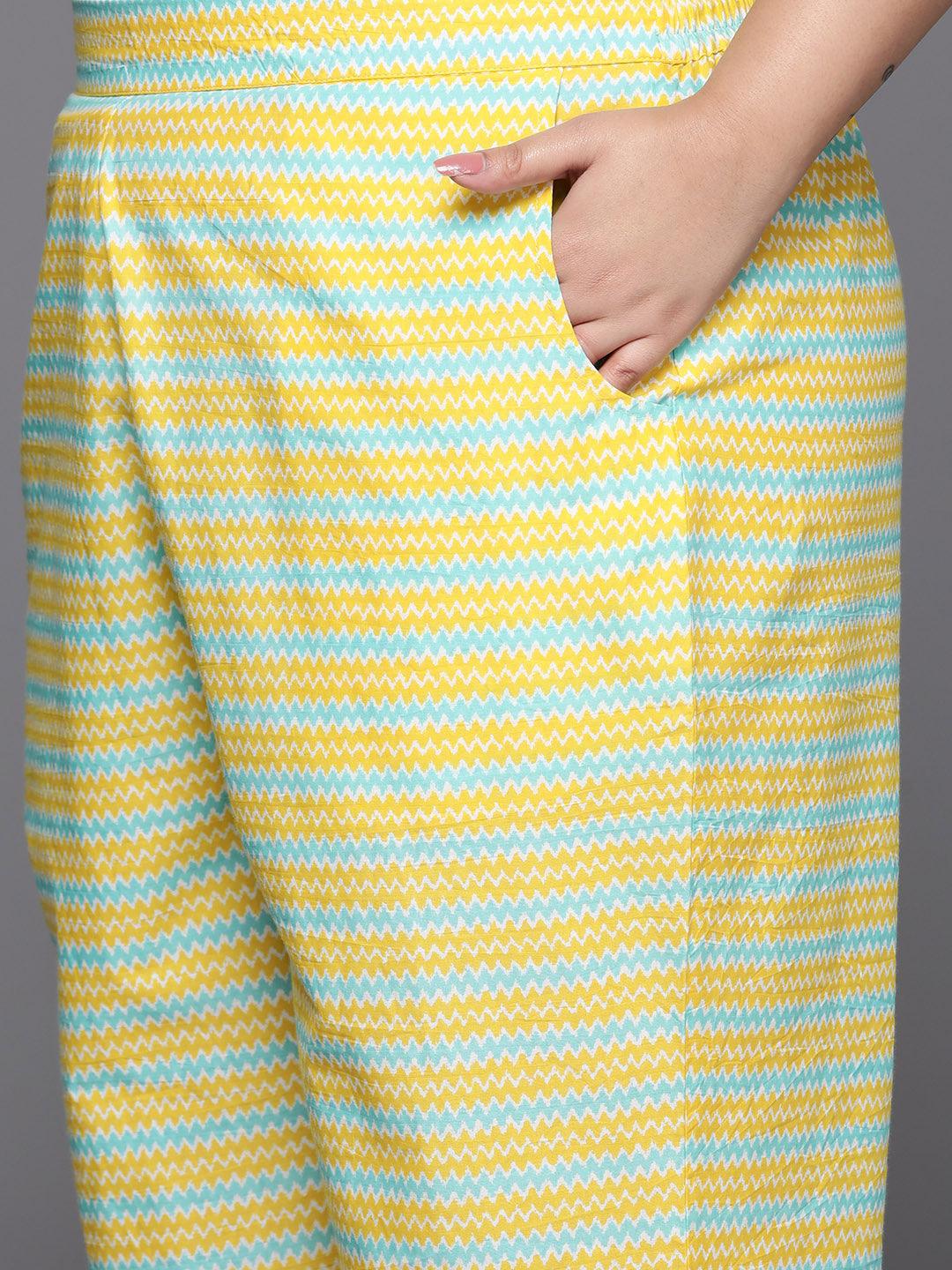 Plus Size Yellow Printed Cotton Straight Kurta With Trousers & Dupatta