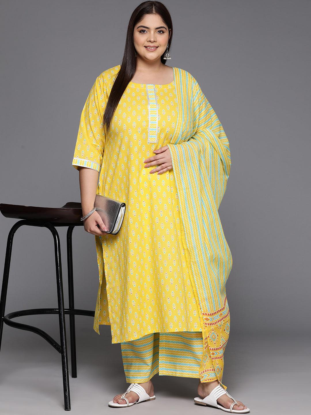 Plus Size Yellow Printed Cotton Straight Kurta With Trousers & Dupatta