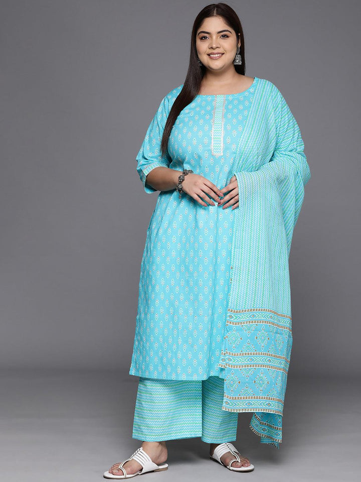 Plus Size Turquoise Blue Printed Cotton Straight Kurta With Trousers & Dupatta - ShopLibas