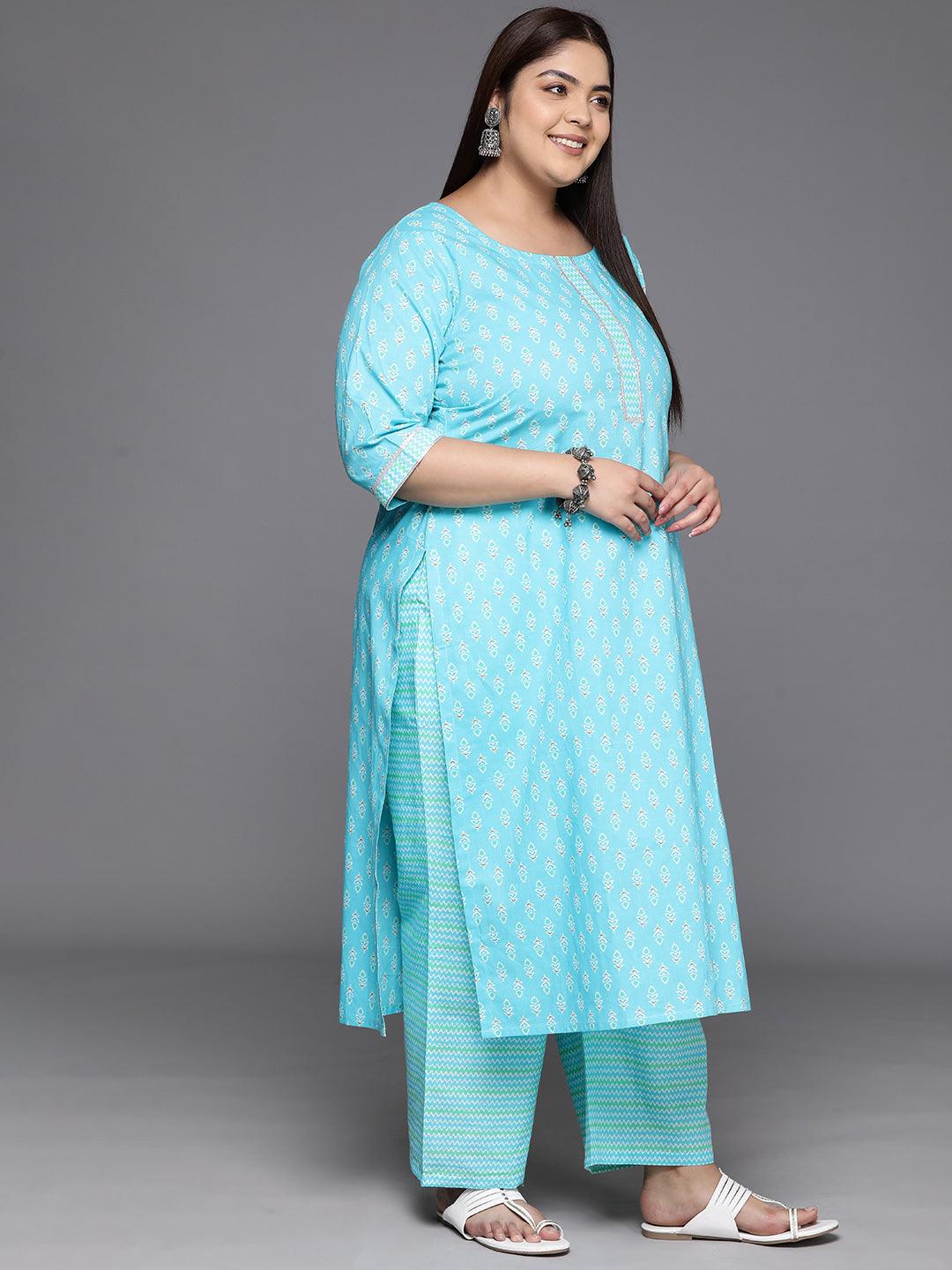 Plus Size Turquoise Blue Printed Cotton Straight Kurta With Trousers & Dupatta - ShopLibas