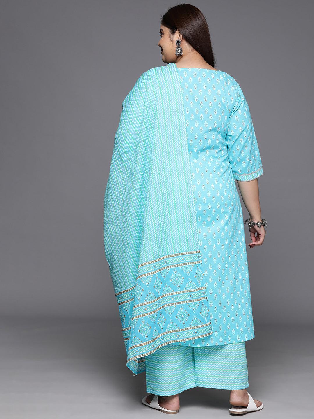 Plus Size Turquoise Blue Printed Cotton Straight Kurta With Trousers & Dupatta - ShopLibas