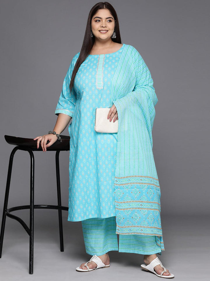 Plus Size Turquoise Blue Printed Cotton Straight Kurta With Trousers & Dupatta - ShopLibas