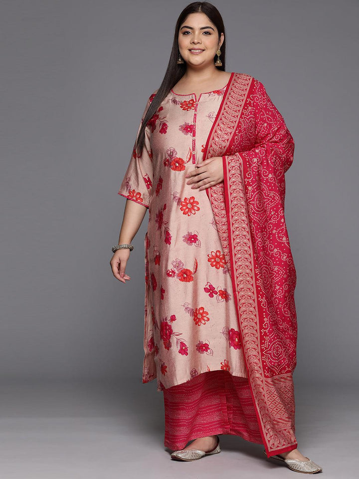 Pink Printed Silk Blend Straight Kurta With Palazzos & Dupatta - ShopLibas