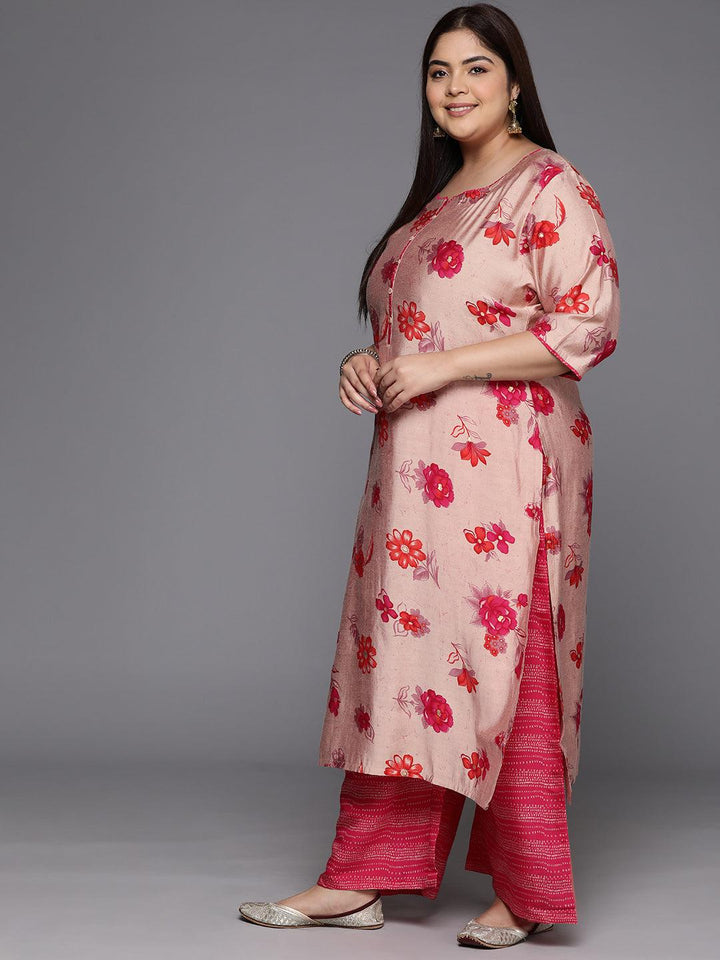 Pink Printed Silk Blend Straight Kurta With Palazzos & Dupatta - ShopLibas