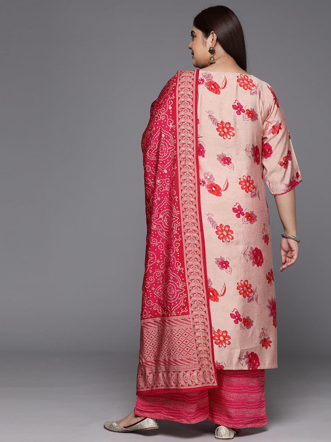 Pink Printed Silk Blend Straight Kurta With Palazzos & Dupatta - ShopLibas