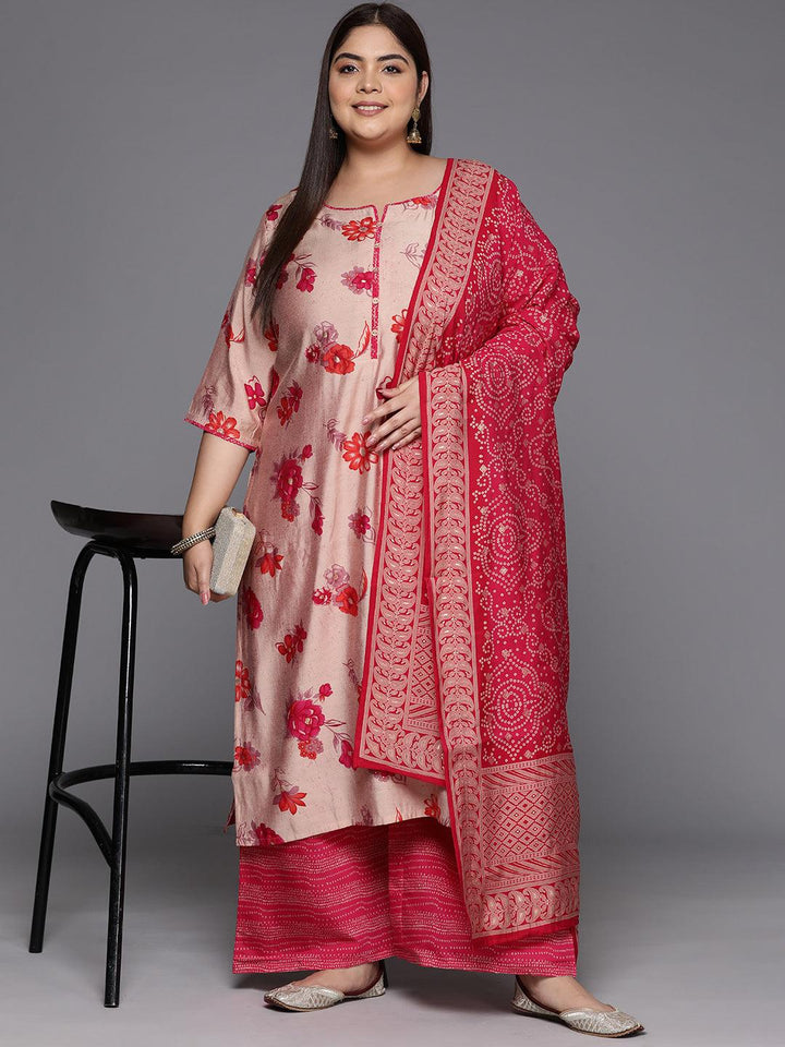 Pink Printed Silk Blend Straight Kurta With Palazzos & Dupatta - ShopLibas