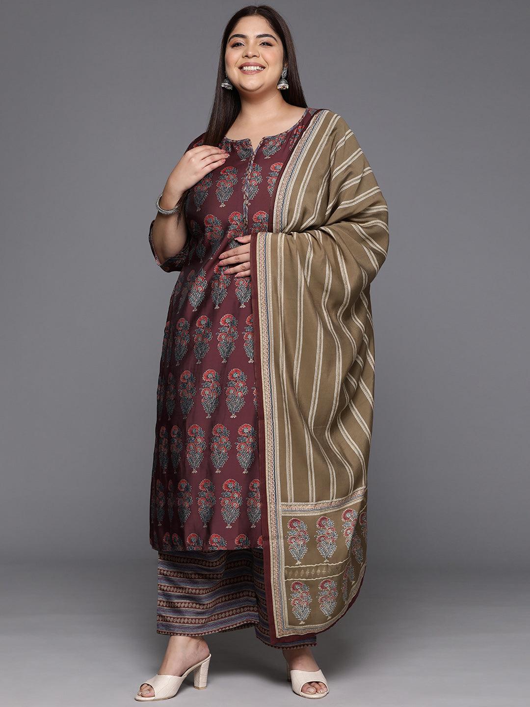 Plus Size Maroon Printed Silk Blend Straight Kurta With Trousers & Dupatta - ShopLibas