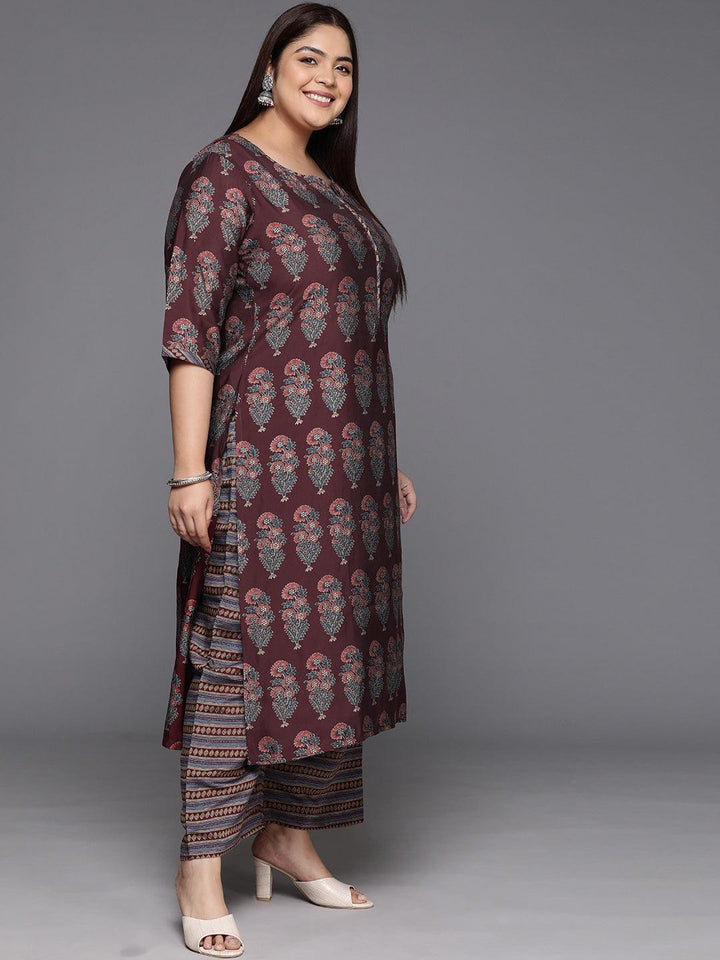 Plus Size Maroon Printed Silk Blend Straight Kurta With Trousers & Dupatta - ShopLibas