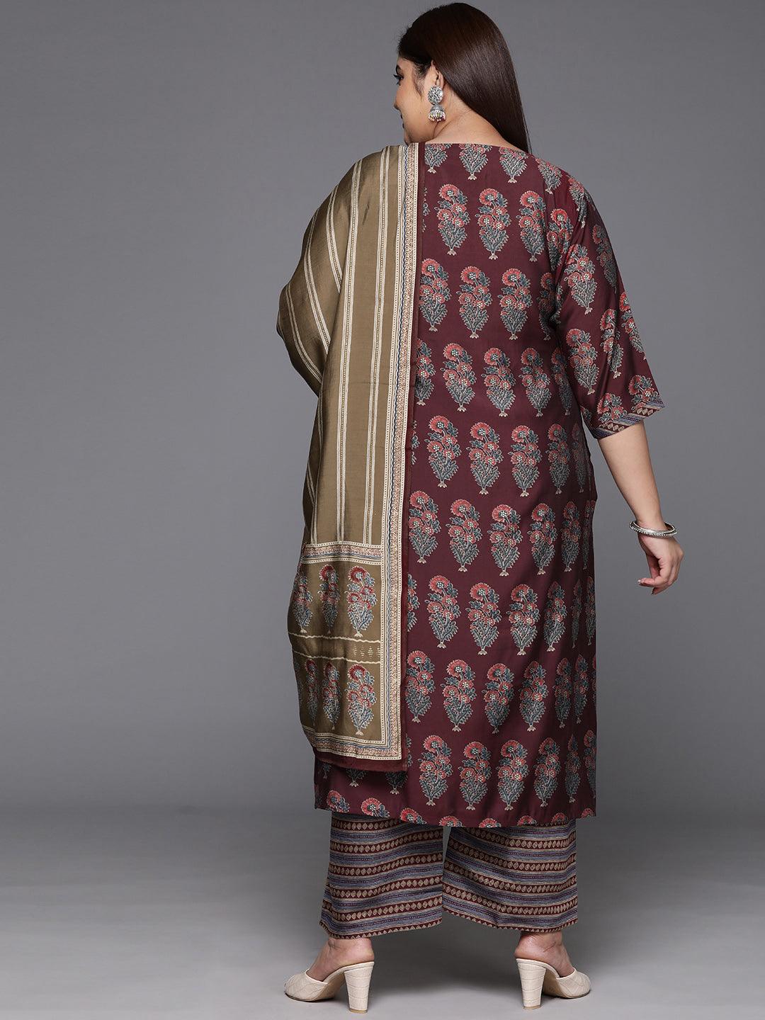 Plus Size Maroon Printed Silk Blend Straight Kurta With Trousers & Dupatta - ShopLibas