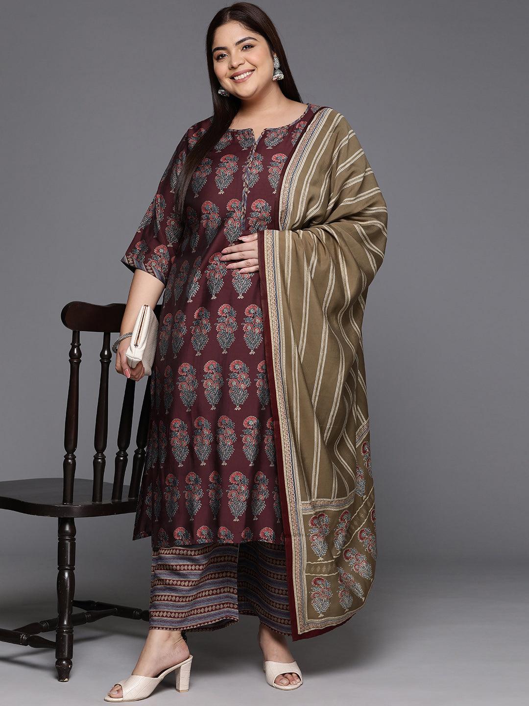 Plus Size Maroon Printed Silk Blend Straight Suit With Dupatta