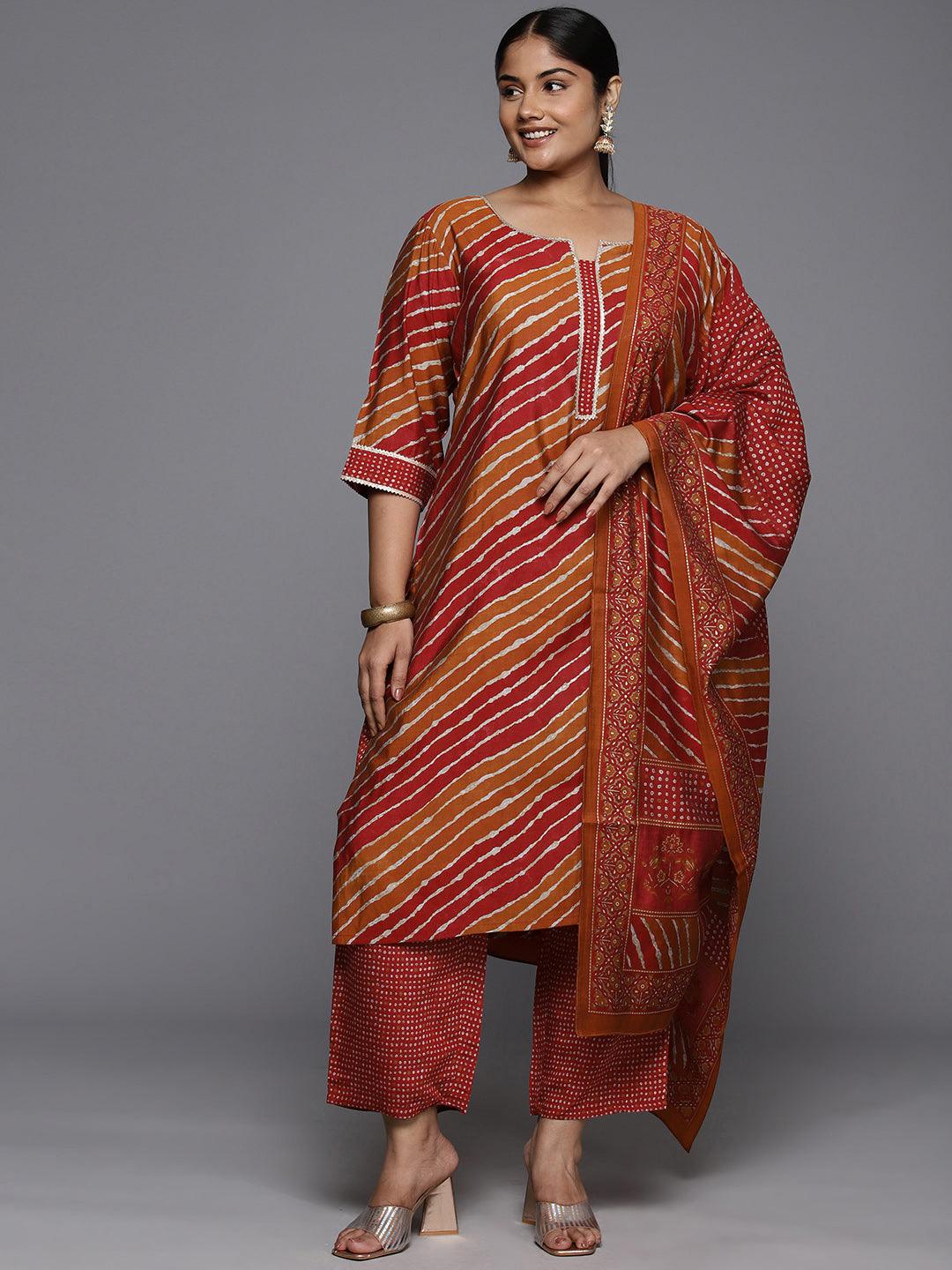 Plus Size Red Printed Silk Blend Straight Suit With Dupatta