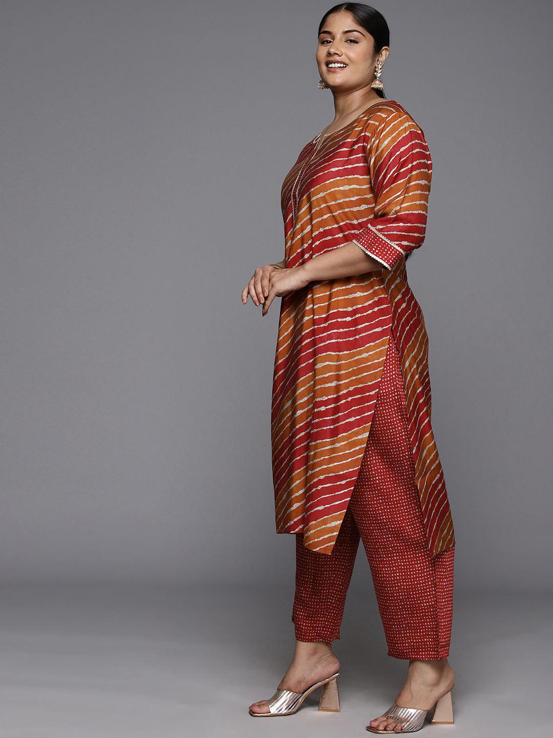 Plus Size Red Printed Silk Blend Straight Kurta With Trousers & Dupatta - ShopLibas