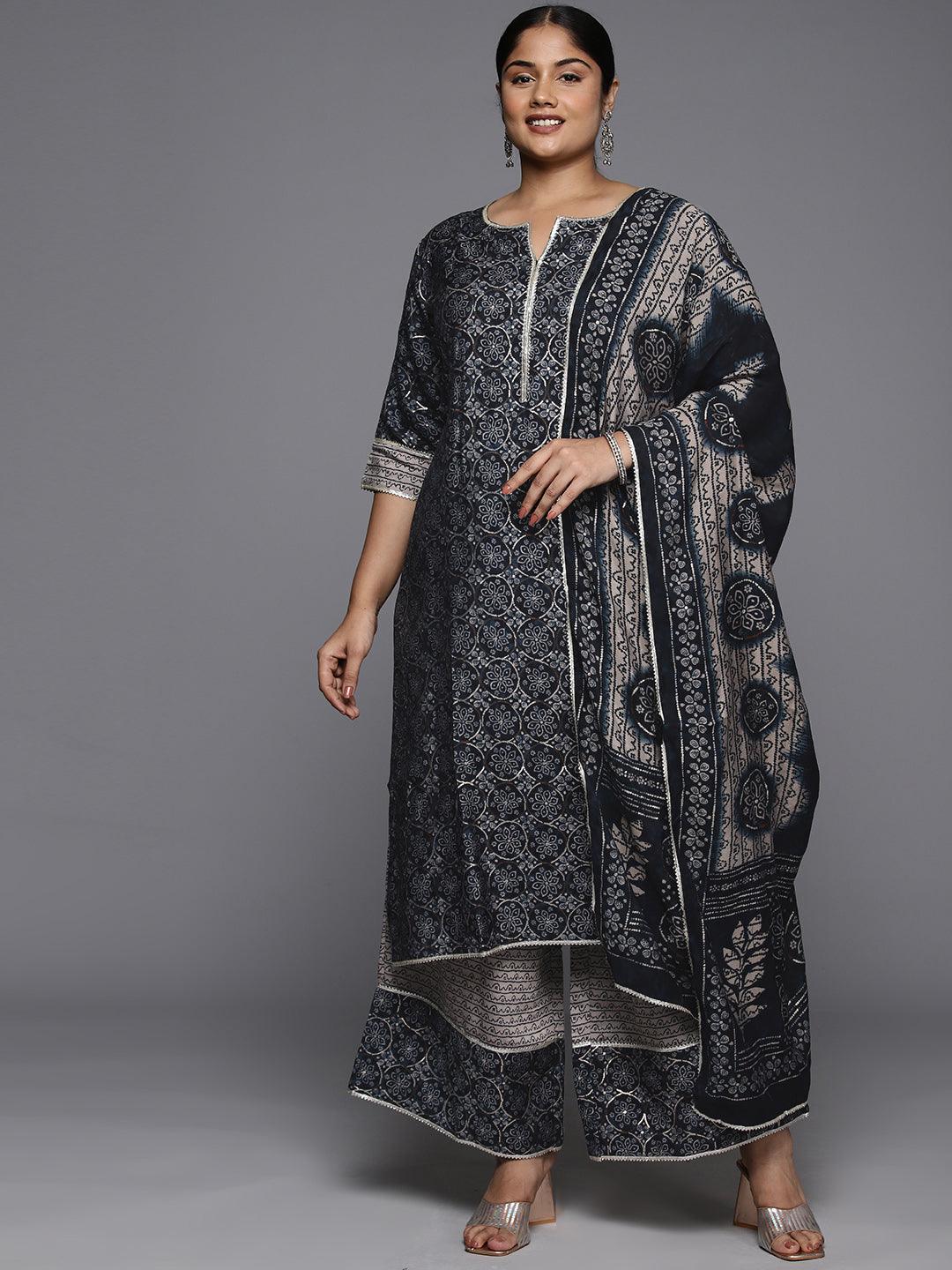 Plus Size Blue Printed Silk Blend Straight Suit With Dupatta