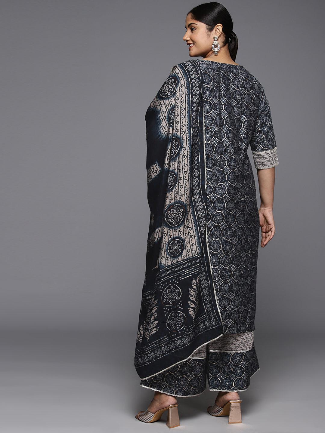 Plus Size Blue Printed Silk Blend Straight Suit With Dupatta