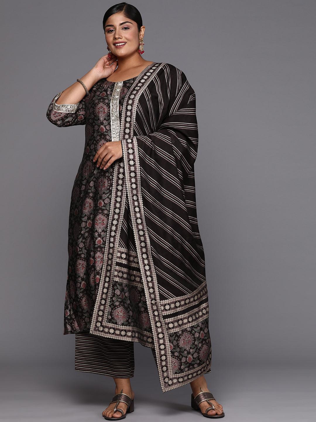 Plus Size Brown Printed Silk Blend Straight Suit With Dupatta