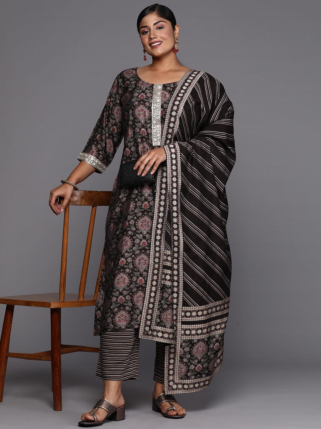 Plus Size Brown Printed Silk Blend Straight Suit With Dupatta