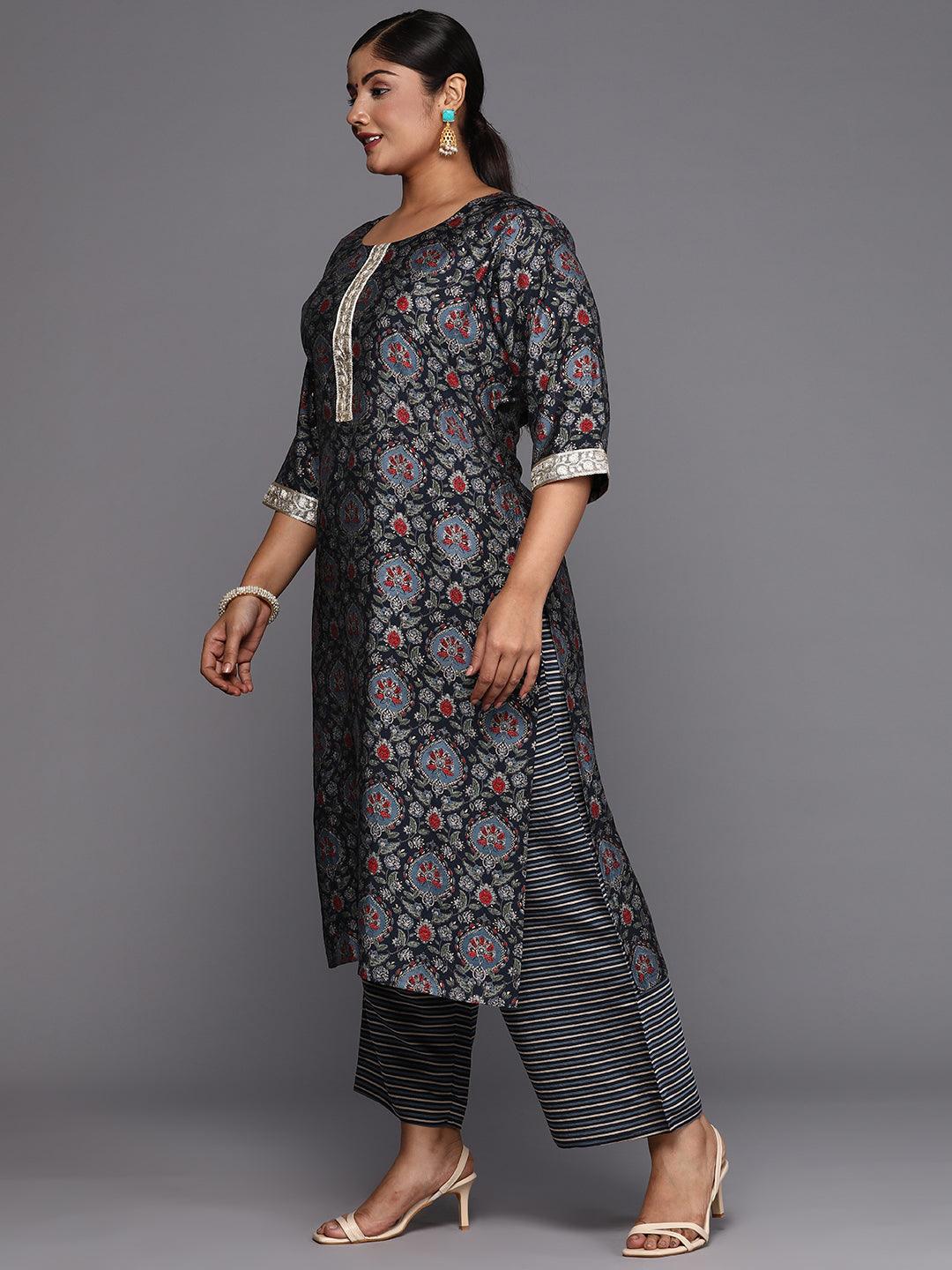 Blue Printed Silk Blend Straight Kurta With Trousers & Dupatta - ShopLibas