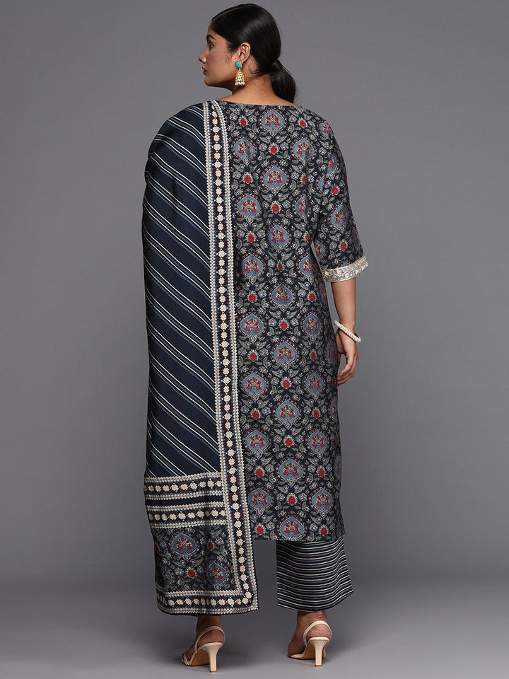 Blue Printed Silk Blend Straight Kurta With Trousers & Dupatta - ShopLibas