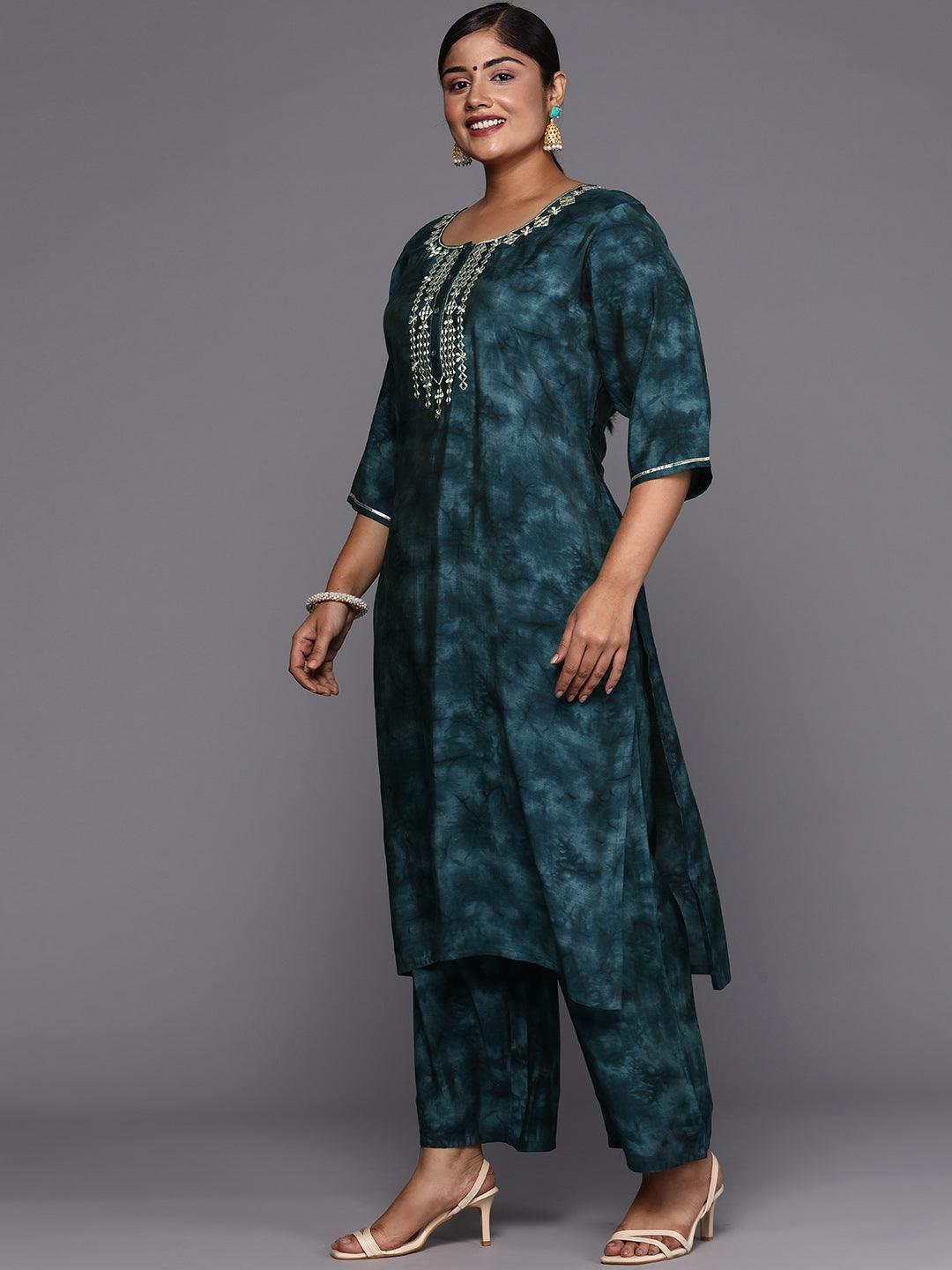 Plus Size Grey Printed Silk Blend Straight Suit With Dupatta