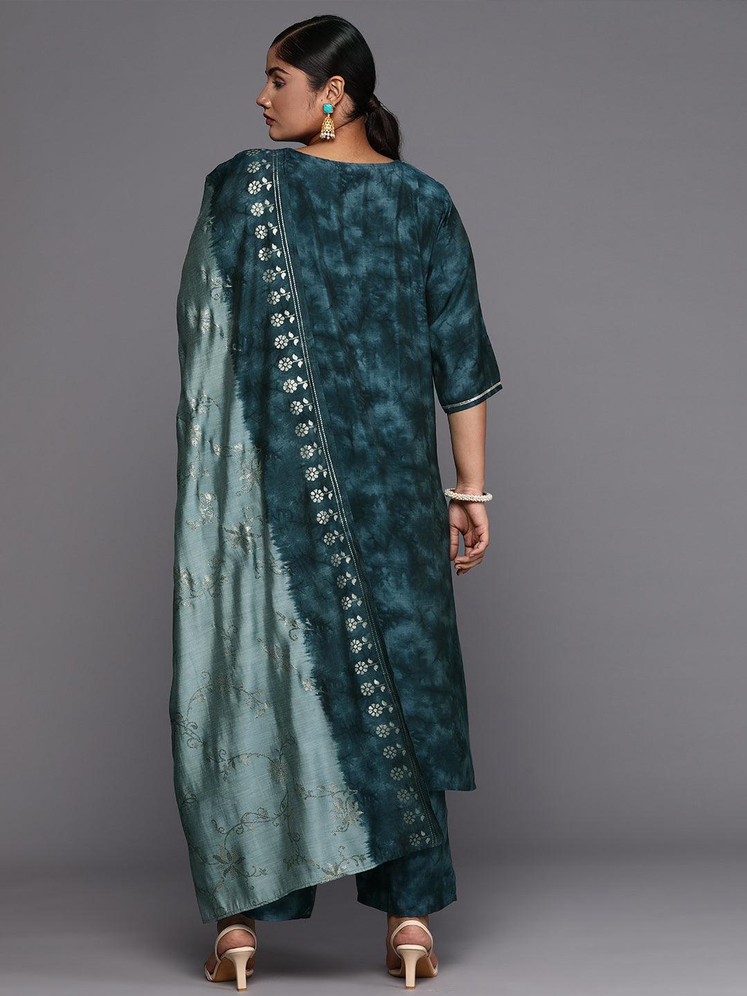 Grey Printed Silk Blend Straight Kurta With Trousers & Dupatta - ShopLibas