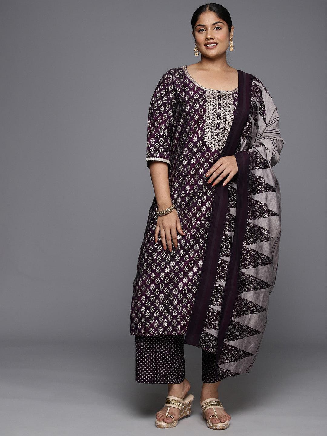 Plus Size Purple Yoke Design Silk Blend Straight Suit With Dupatta