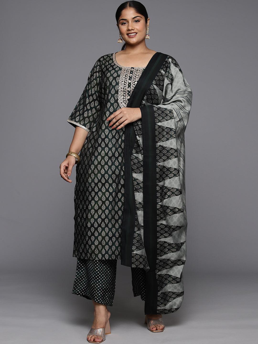 Plus Size Green Yoke Design Silk Blend Straight Suit With Dupatta