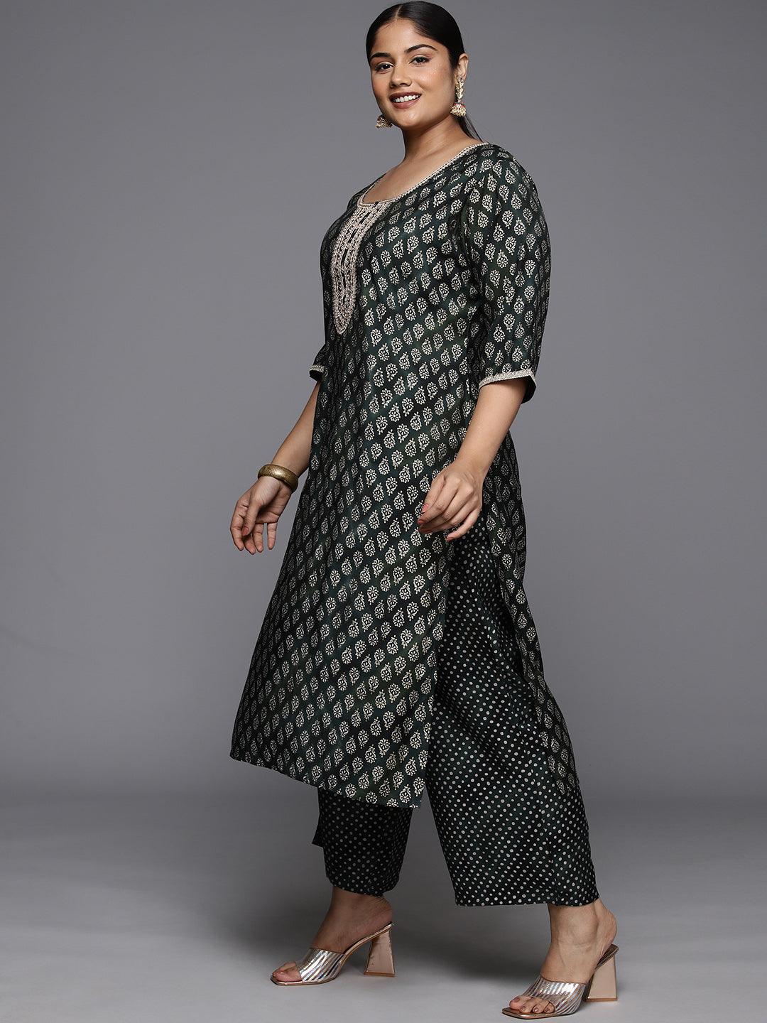 Plus Size Green Yoke Design Silk Blend Straight Suit With Dupatta