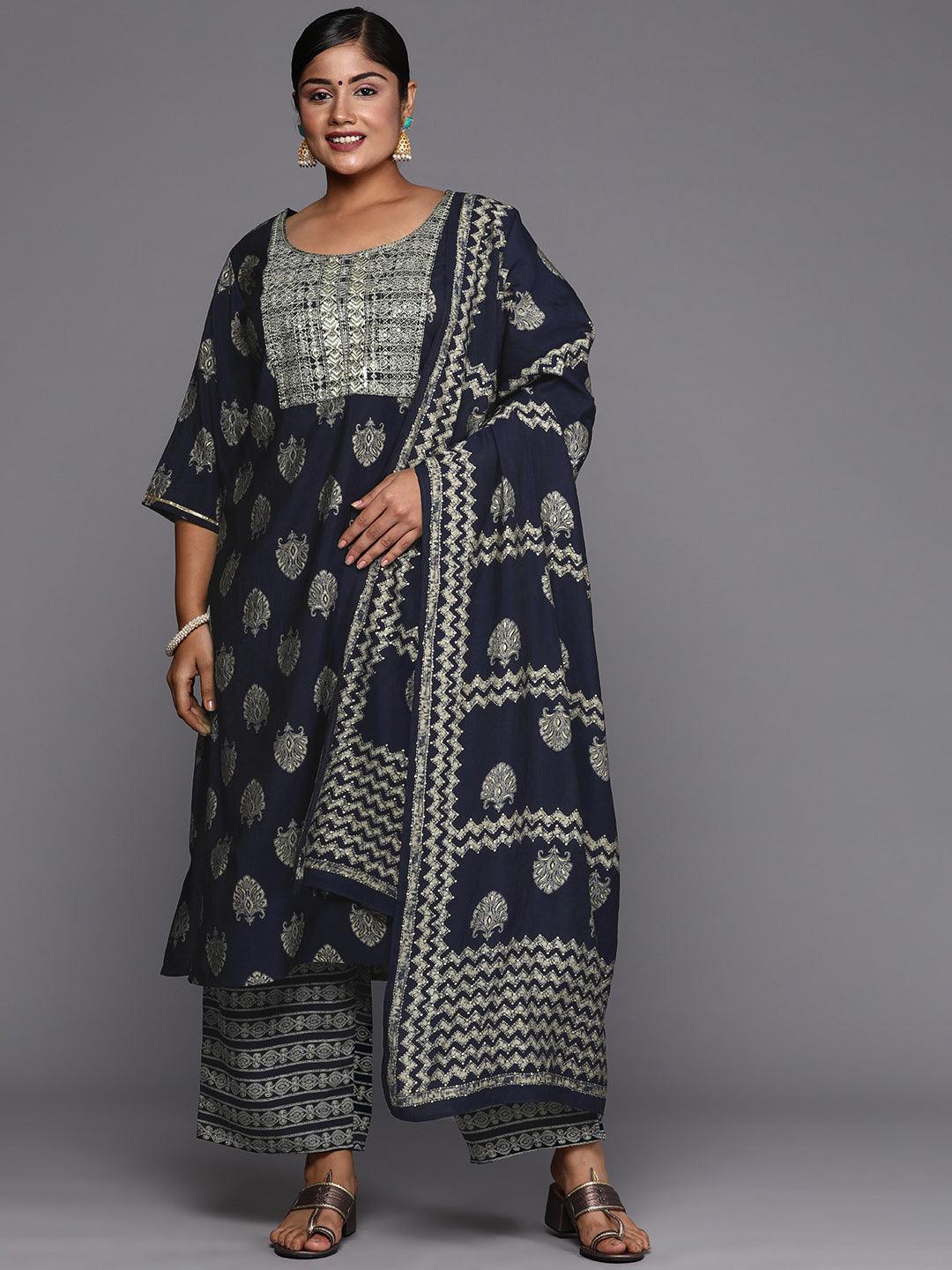 Plus Size Blue Printed Silk Blend Straight Suit With Dupatta