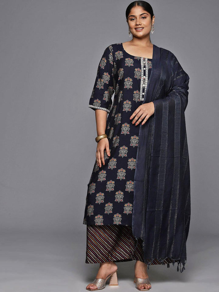 Plus Size Blue Printed Silk Blend Straight Kurta With Palazzos & Dupatta - ShopLibas