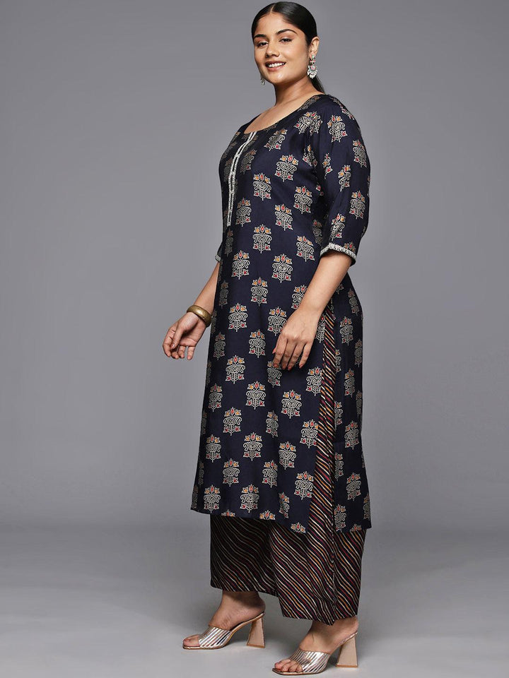 Plus Size Blue Printed Silk Blend Straight Kurta With Palazzos & Dupatta - ShopLibas