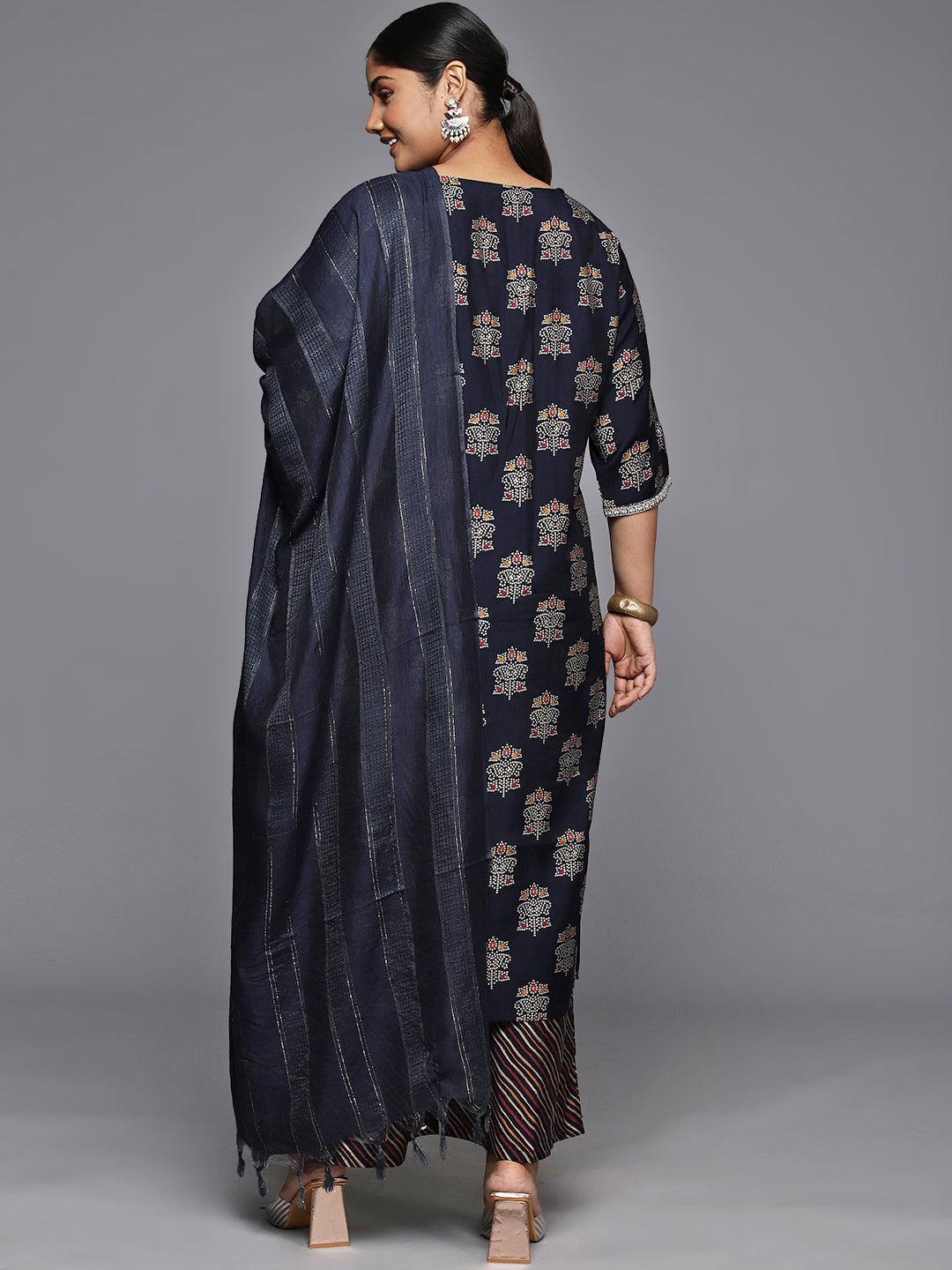 Plus Size Blue Printed Silk Blend Straight Suit With Dupatta