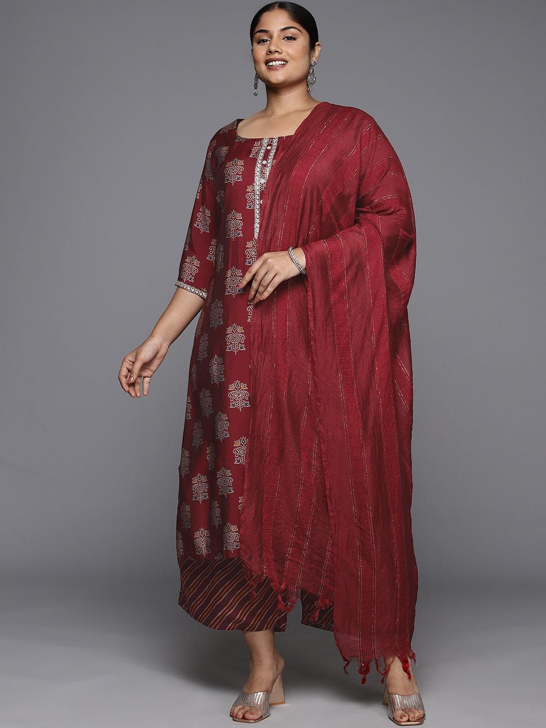 Plus Size Red Printed Silk Blend Straight Suit With Dupatta