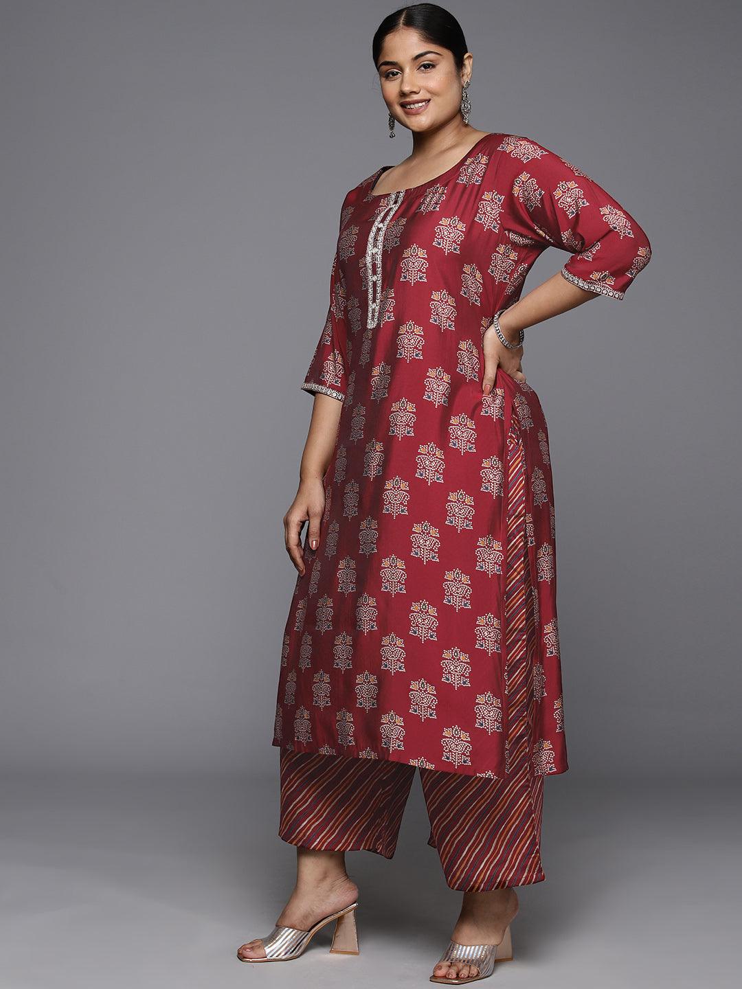 Plus Size Red Printed Silk Blend Straight Suit With Dupatta