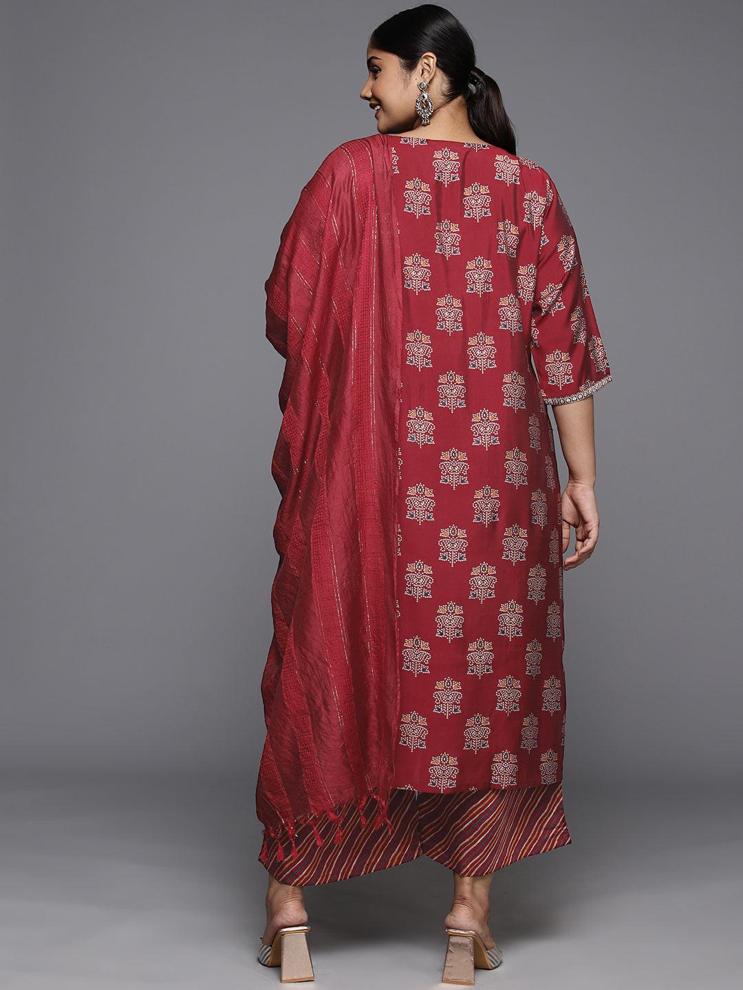 Plus Size Red Printed Silk Blend Straight Kurta With Palazzos & Dupatta - ShopLibas