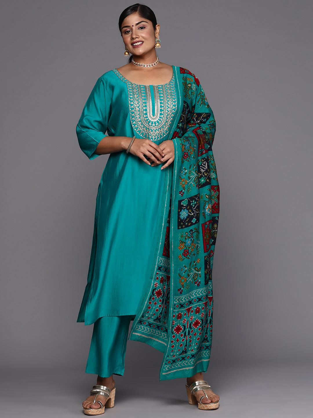 Plus Size Green Printed Silk Blend Straight Suit With Dupatta