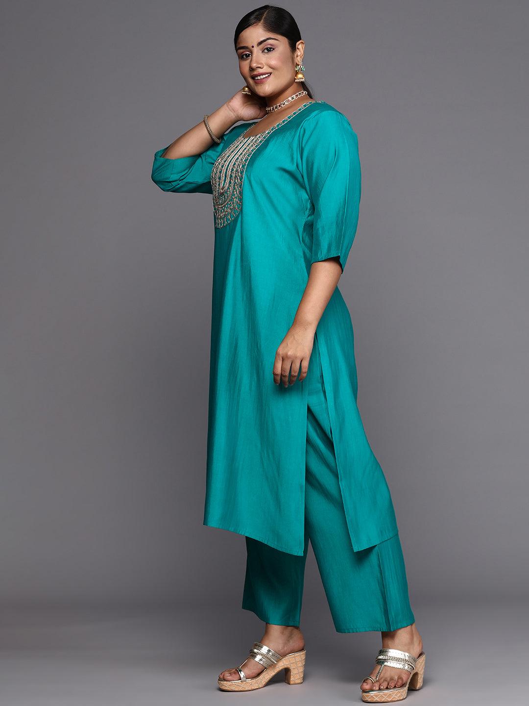 Plus Size Green Printed Silk Blend Straight Suit With Dupatta