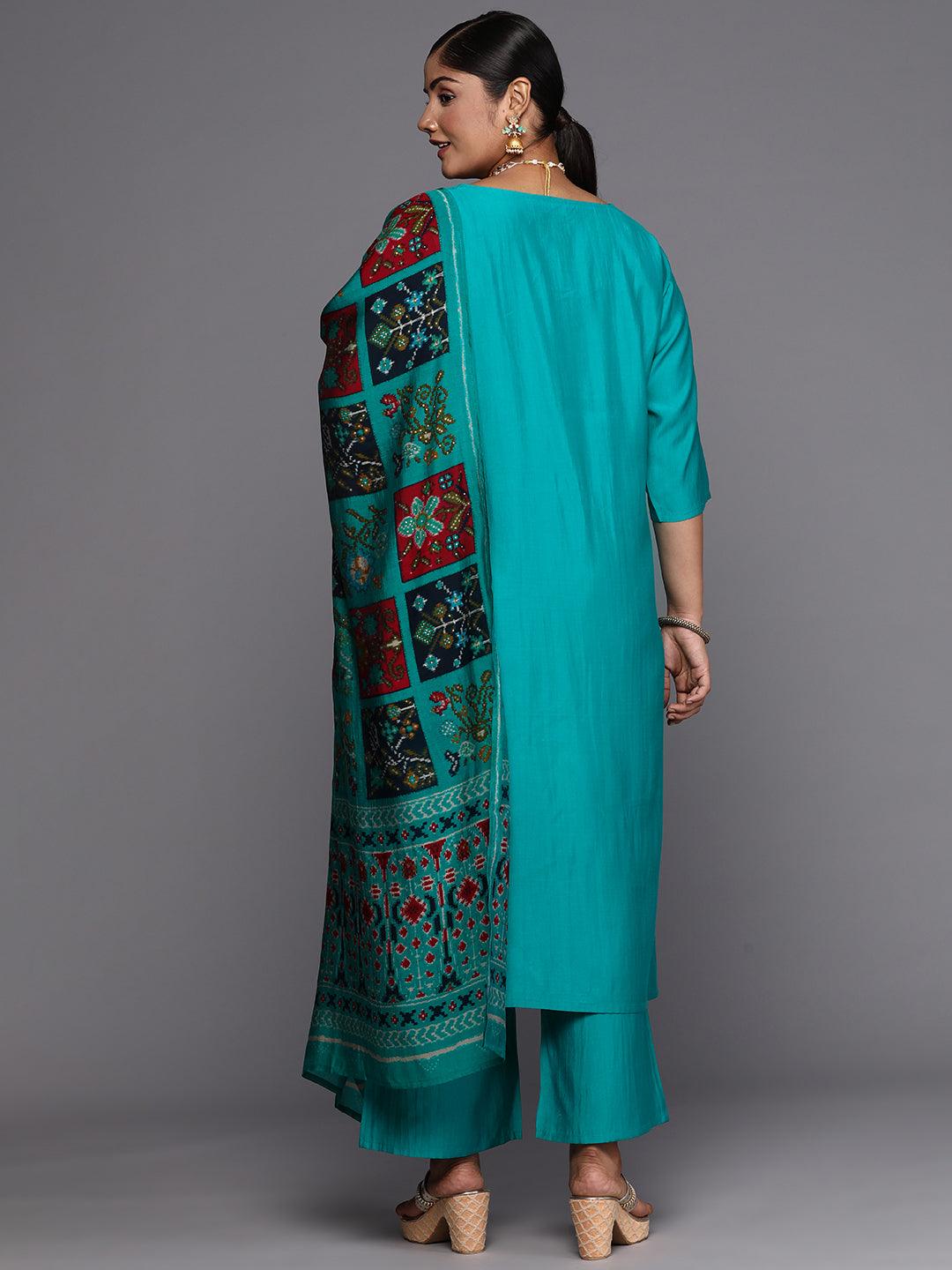 Plus Size Green Printed Silk Blend Straight Suit With Dupatta