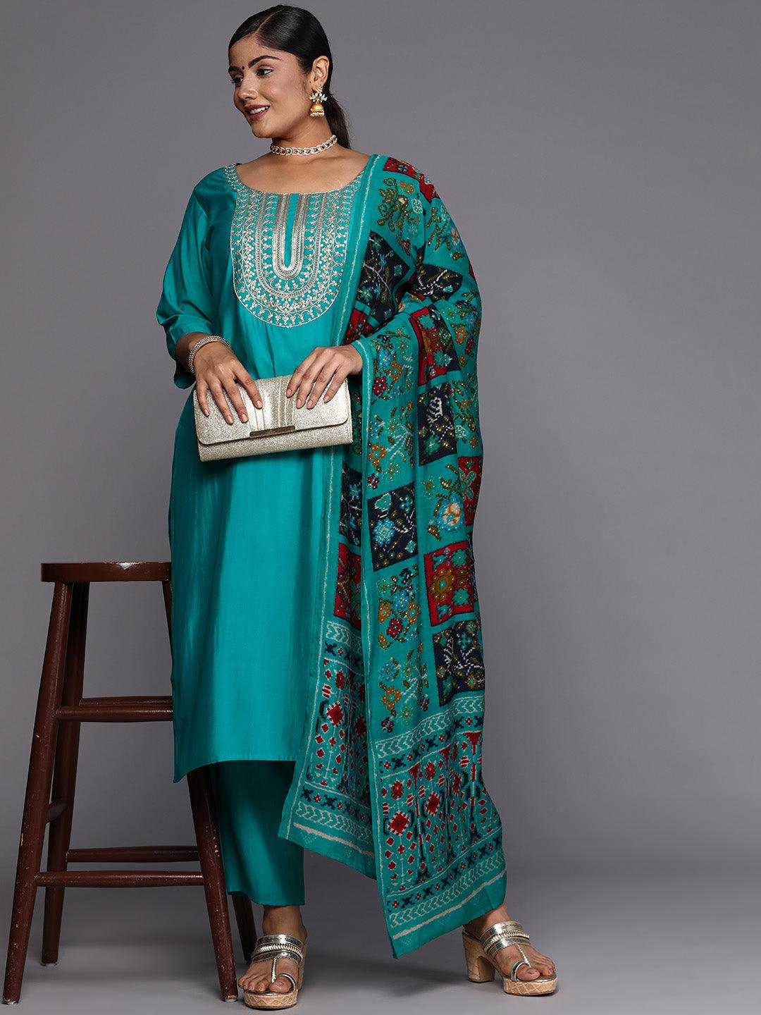 Plus Size Green Printed Silk Blend Straight Suit With Dupatta