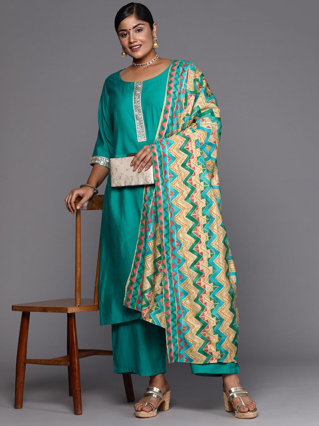 Plus Size Green Printed Silk Blend Straight Suit With Dupatta