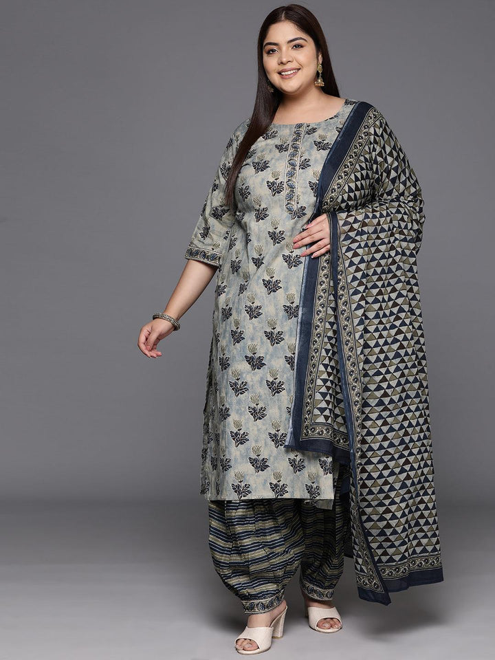 Plus Size Grey Printed Cotton Straight Kurta With Salwar & Dupatta - ShopLibas