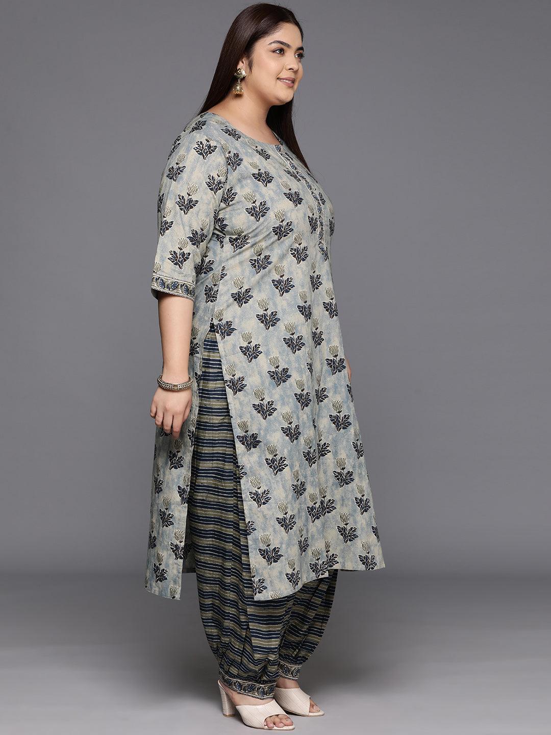 Plus Size Grey Printed Cotton Straight Suit With Dupatta