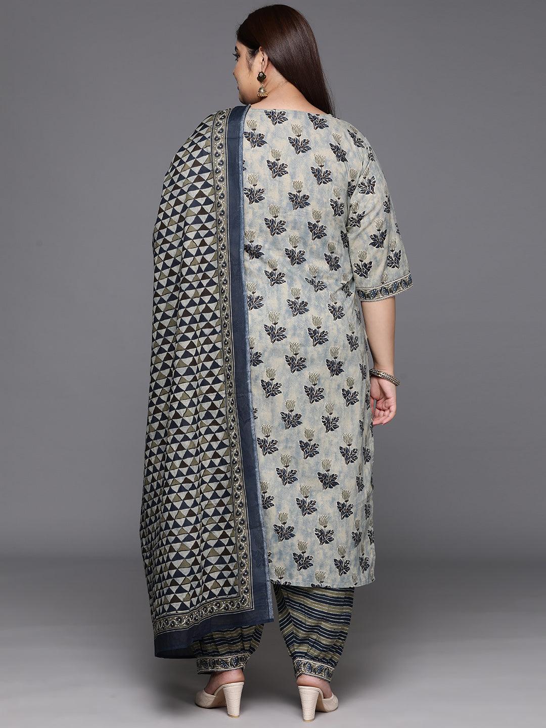 Plus Size Grey Printed Cotton Straight Suit With Dupatta