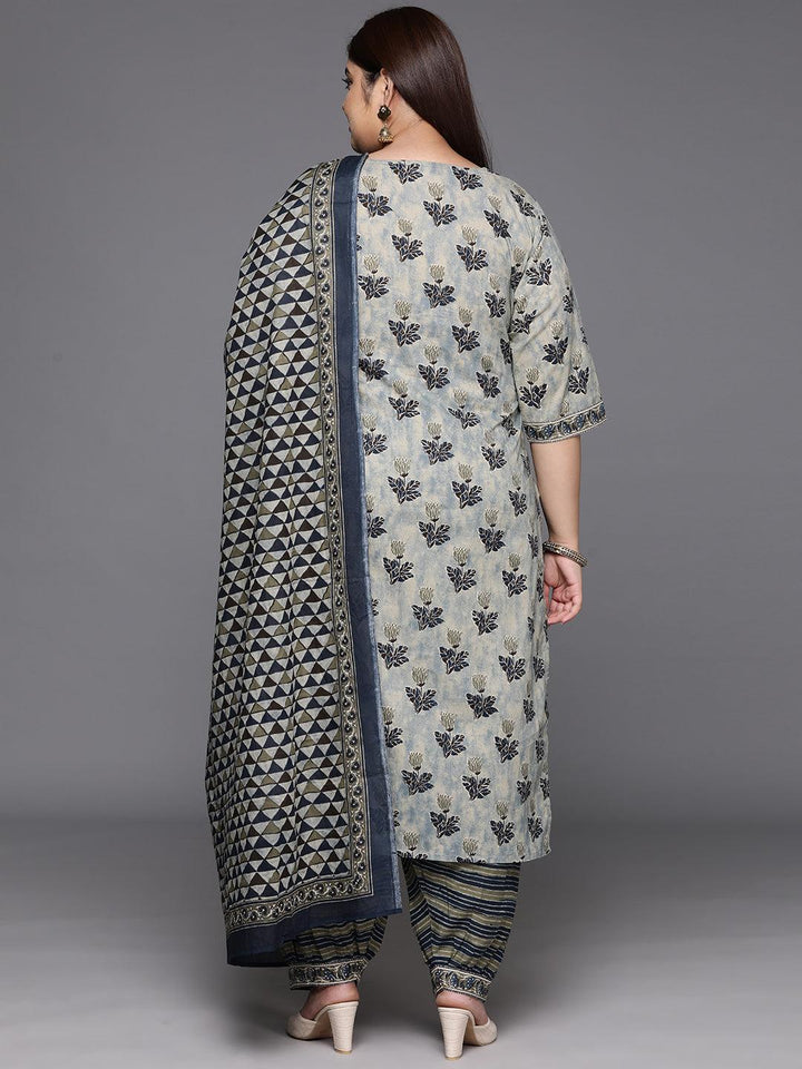 Plus Size Grey Printed Cotton Straight Kurta With Salwar & Dupatta - ShopLibas