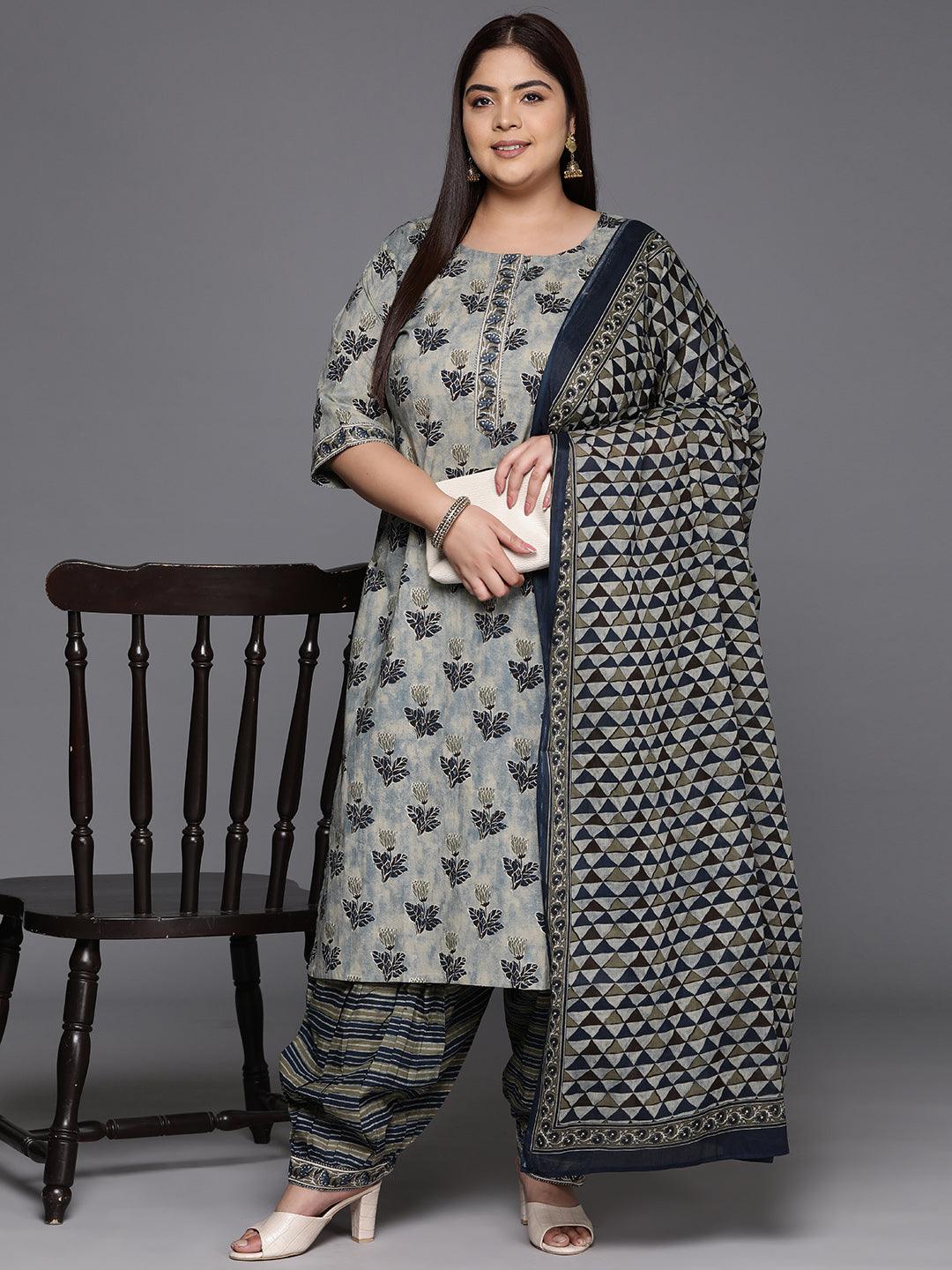 Plus Size Grey Printed Cotton Straight Suit With Dupatta