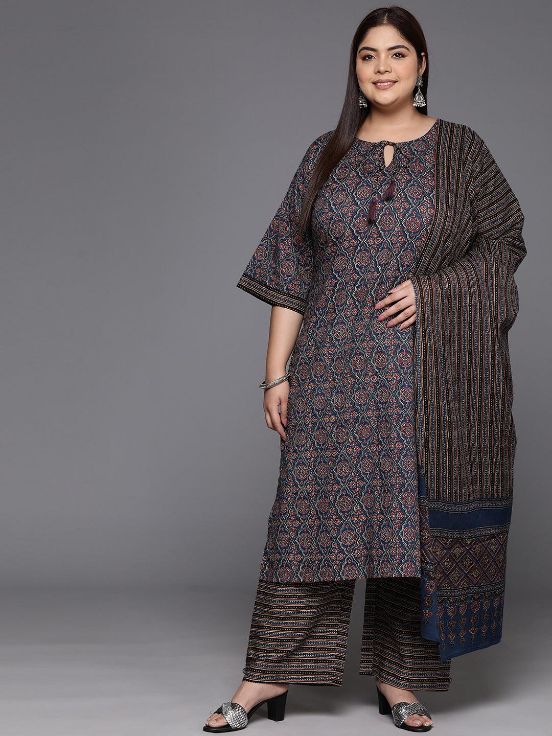 Plus Size Blue Printed Cotton Straight Kurta With Trousers & Dupatta - ShopLibas