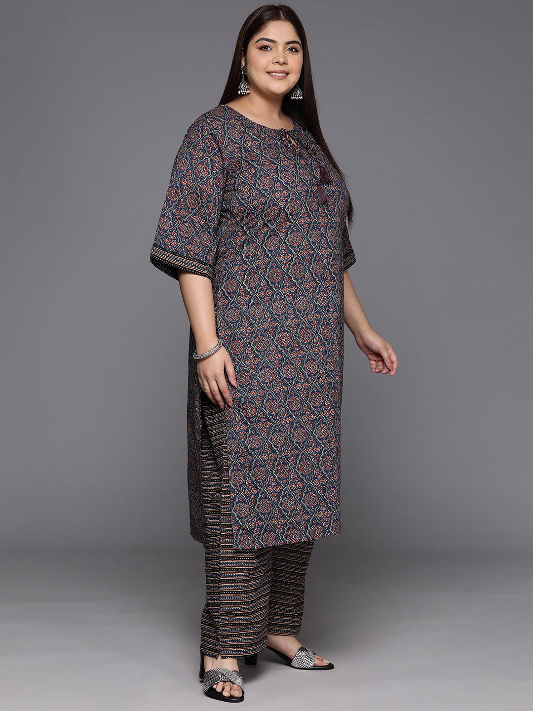 Plus Size Blue Printed Cotton Straight Kurta With Trousers & Dupatta - ShopLibas